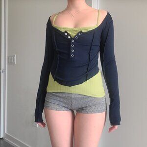 Dazy Navy Crop Button-Up Bodycon Long Sleeve T-Shirt